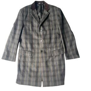Vella Men’s 42 Wool Blend Plaid Overcoat Camel Brown Velvet Collar Italy